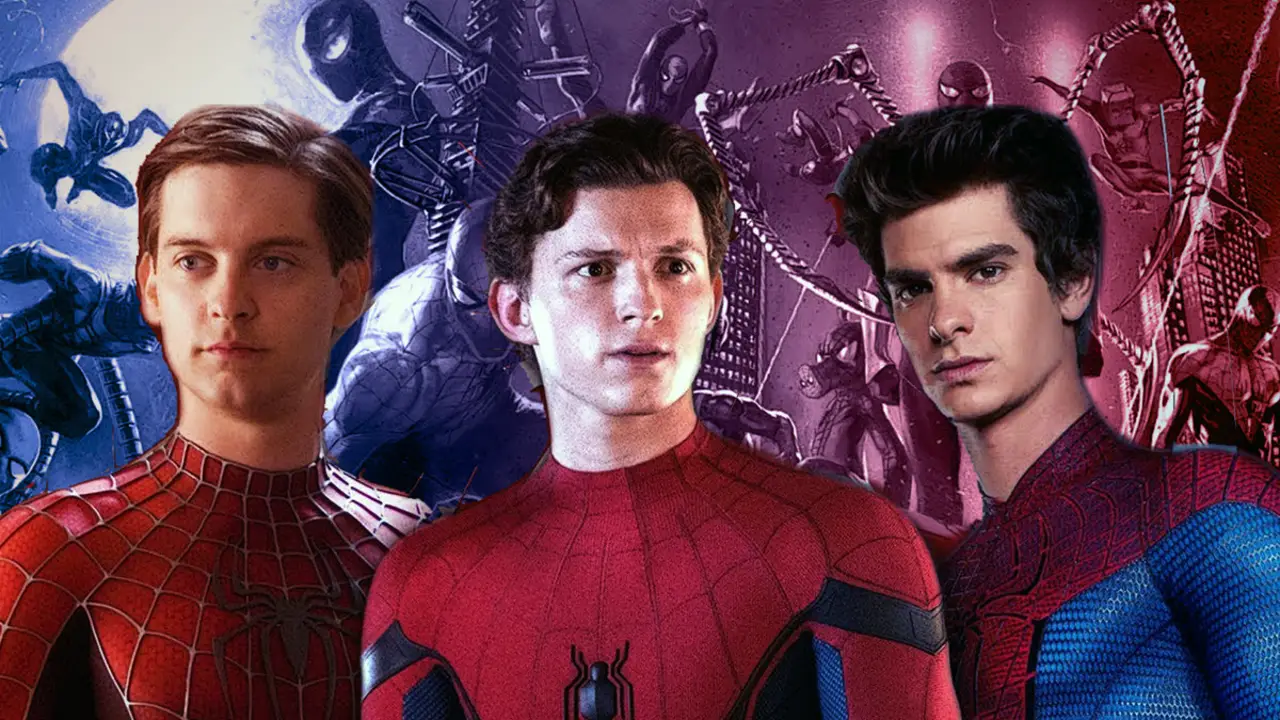 Three Spider-Man actors; Tom Holland, Tobey Maguire, and Andrew Garfield.