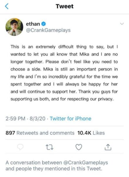 Ethan Tweet about his breakup with Mika