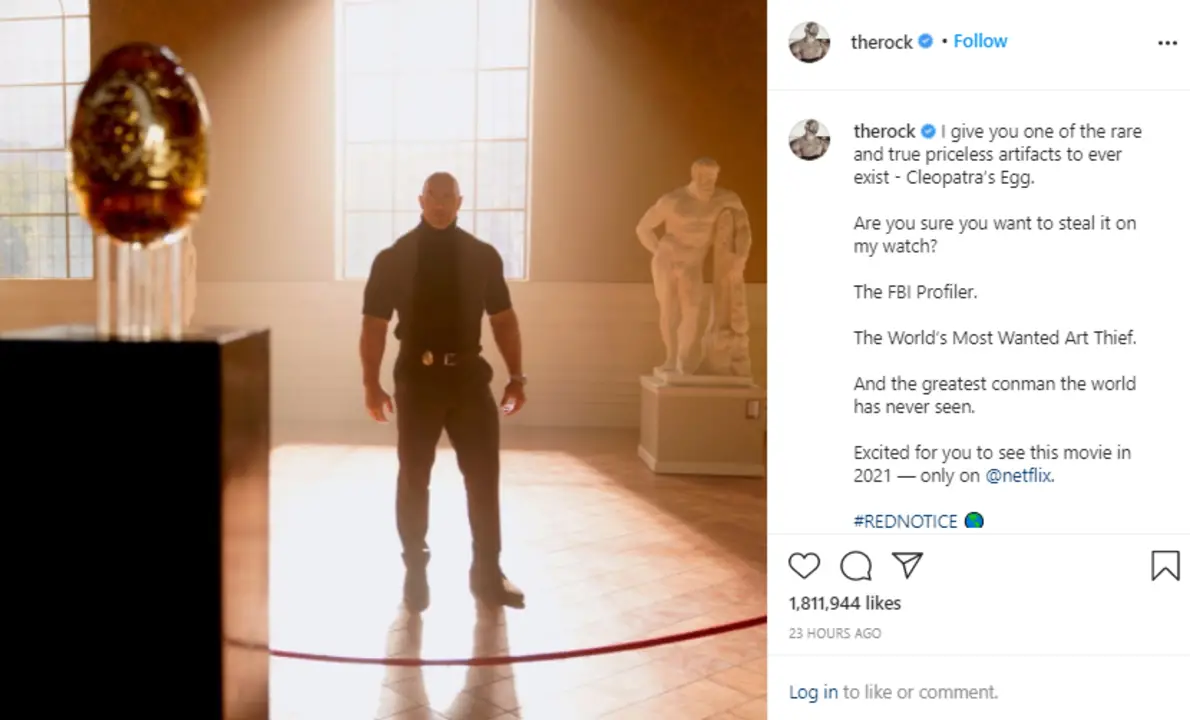 Dwayne Johnson's new upload on Instagram from his upcoming Netflix movie with Ryan Reynolds and Gal Gadot.