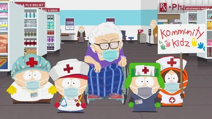 South Park's four kids acting as nurses with an elderly woman in between.